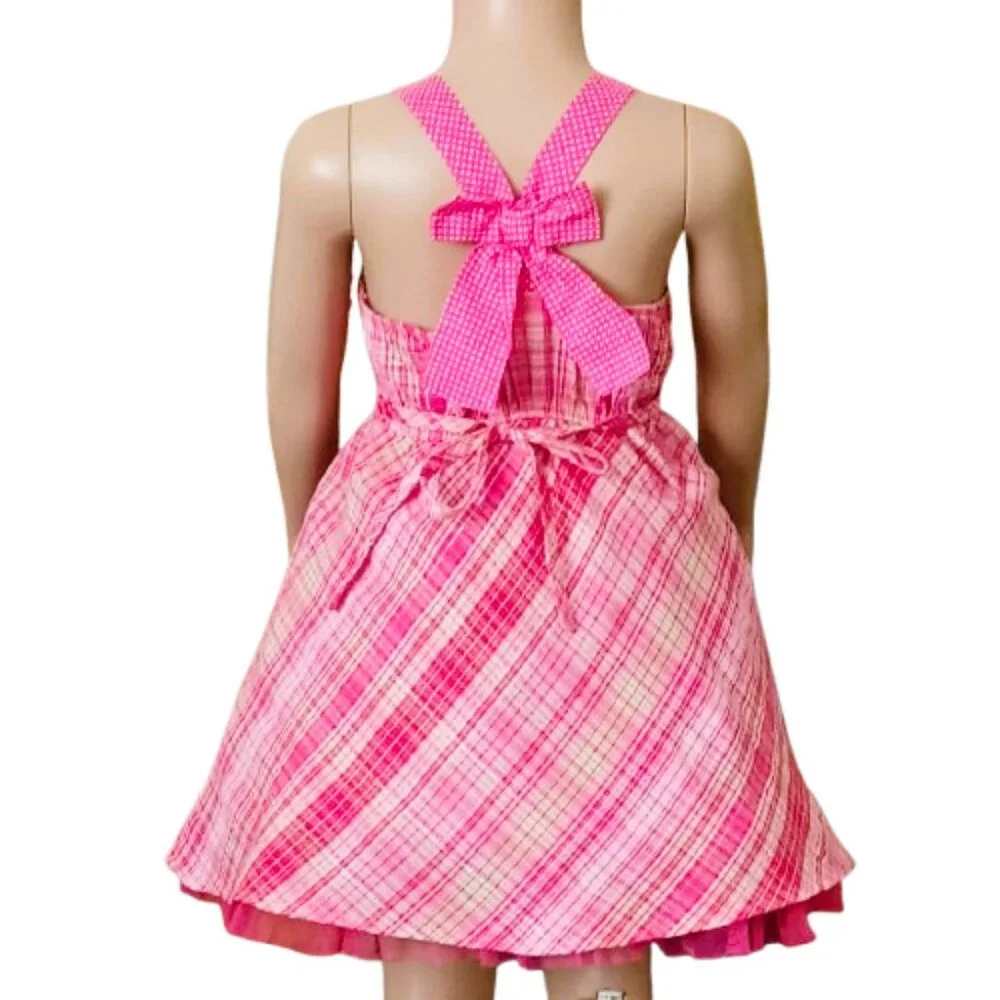 Jenny & Me Pink Plaid Dress 4 A Line Polka Dot Trim Tulle Hem Metallic Weaving
